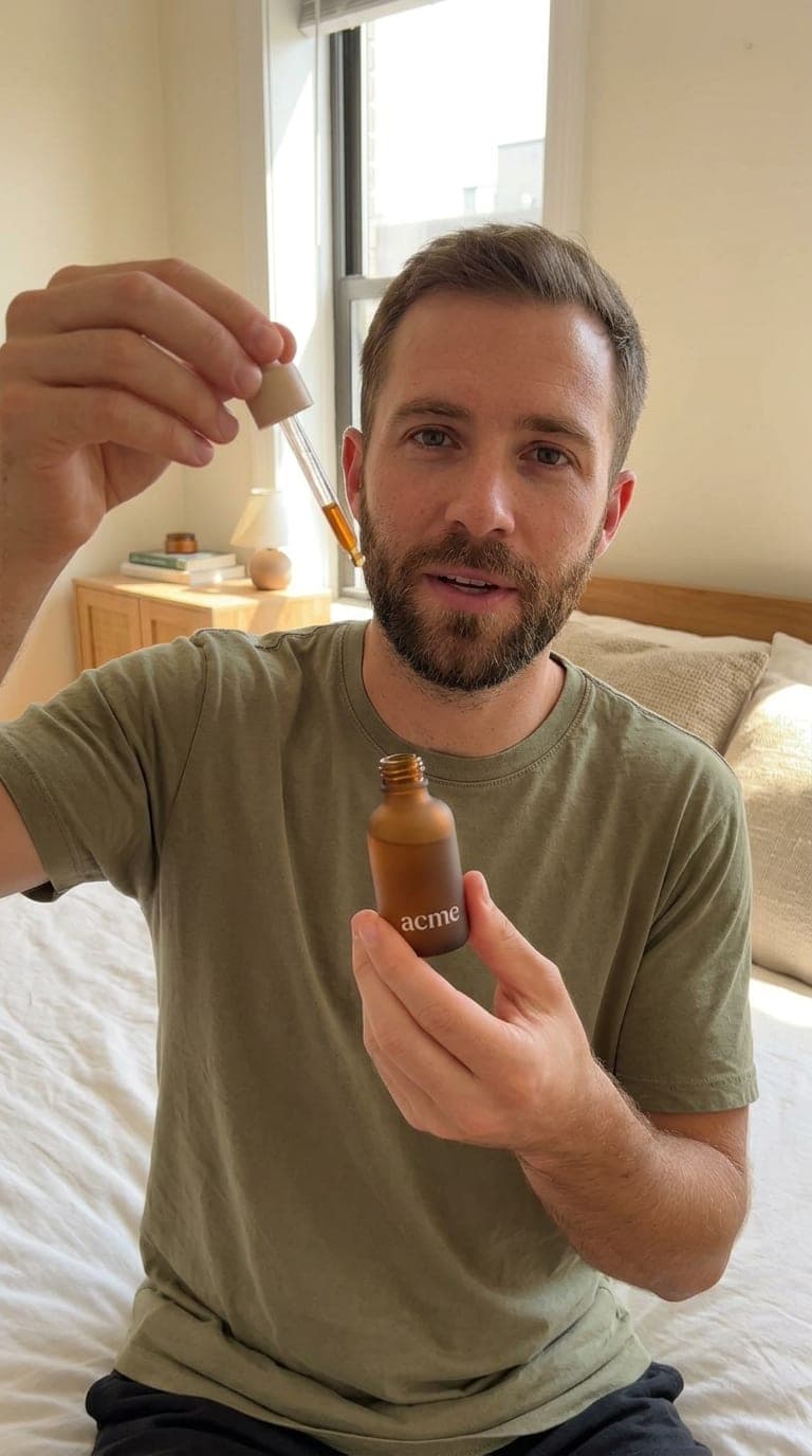 UGC video ad: a creator holding an Acme serum in a sunlit bedroom